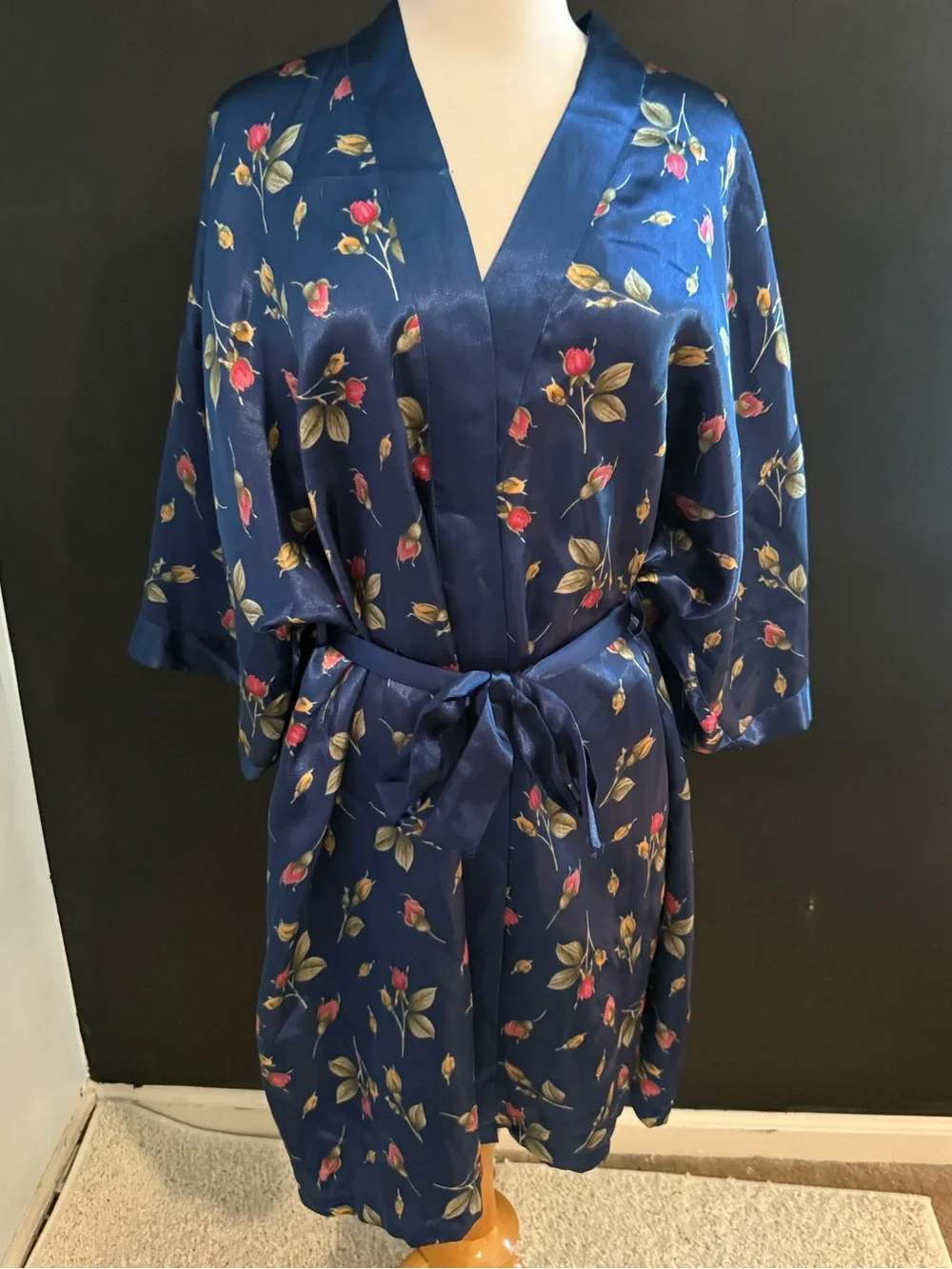 Navy Satin Floral Kimono Robe with Tie Belt XL
